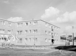 New three-storey housing in Gascoigne area, also showing washing on rotary clothes dryer, 1966