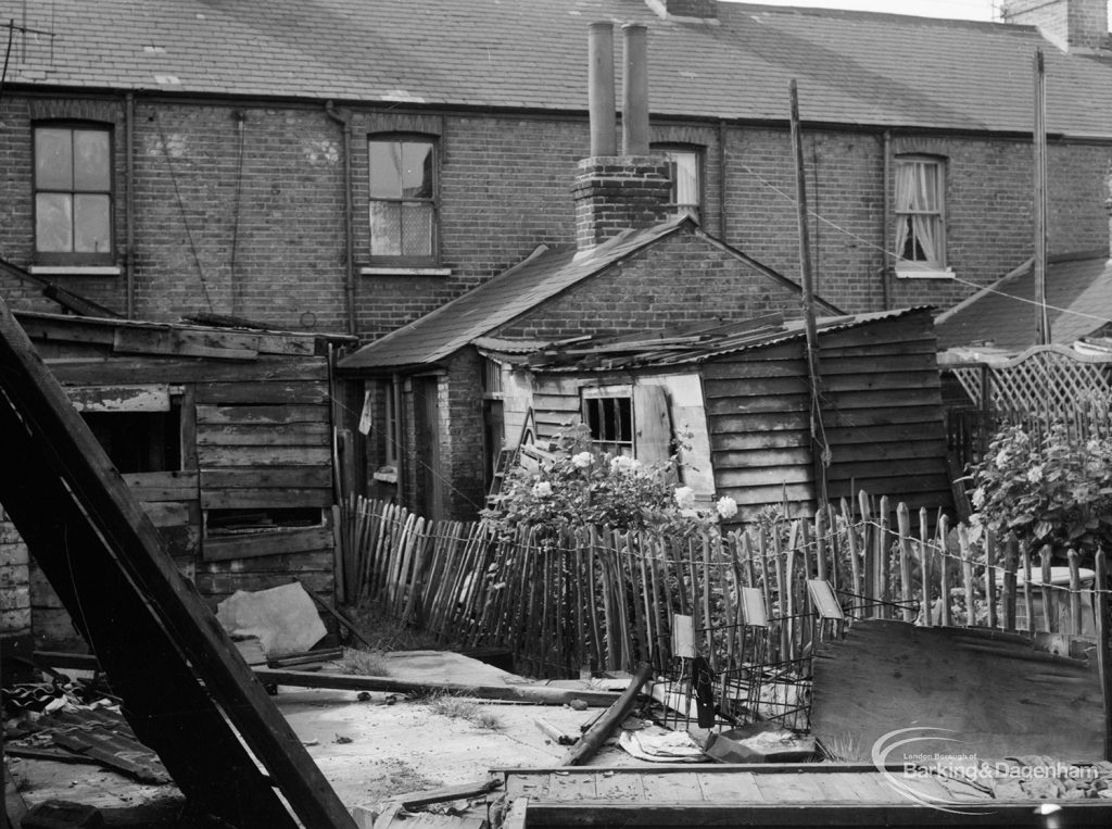 Older housing in Dagenham Village, showing rear of cottages in Crown Street, taken from Exeter Road junction, 1966