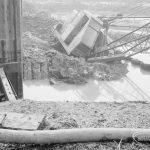 Riverside Sewage Works Reconstruction, showing Hadsphaltic digger submerged in clay, seen from dam, 1966