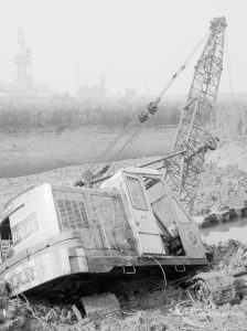 Riverside Sewage Works Reconstruction, showing side view of Hadsphaltic digger submerged in clay, and jig, 1966