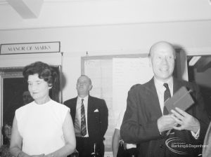 Retirement ceremony for Deputy Borough Librarian W C Pugsley,  showing Borough Librarian William G Fairchild and Libraries Chairman Councillor Mrs Thomas, 1966