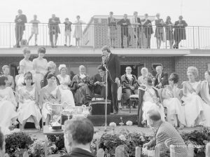 Barking Carnival, showing crowning of Barking Beauty Queen, with various visiting Beauty Queens seated and listening to speaker, 1966