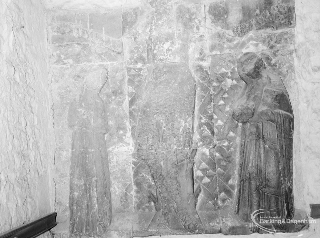 Defaced twelfth century Holy Rood in Curfew Tower at Barking Abbey, 1966