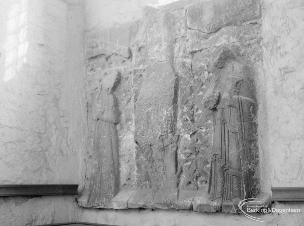 Defaced twelfth century Holy Rood in Curfew Tower at Barking Abbey, 1966