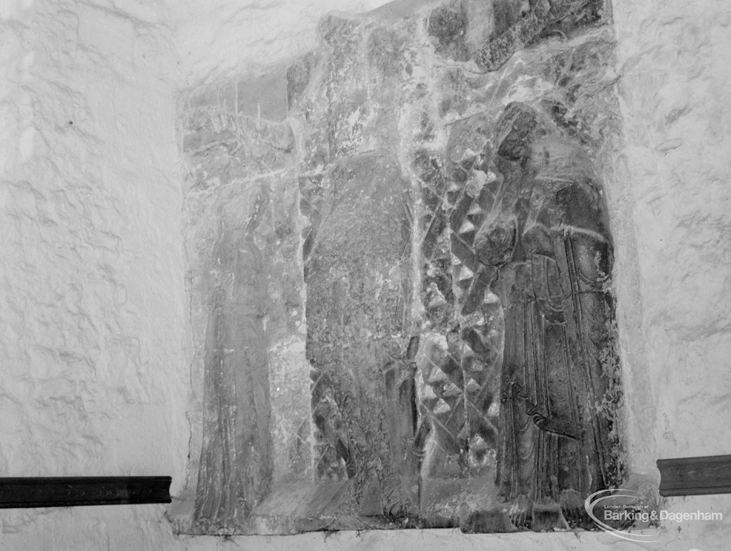 Defaced twelfth century Holy Rood in Curfew Tower at Barking Abbey, 1966