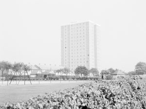 Housing, showing Thaxted House, Siviter Way, Dagenham from west-south-west, taken from across tennis court and hedge, 1966