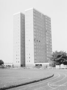 Housing, showing Thaxted House, Siviter Way, Dagenham from north-east corner of running track in arena, 1966