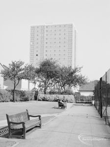 Housing, showing Thaxted House, Siviter Way, Dagenham from due west, and with teak seats and lawn in foreground, 1966