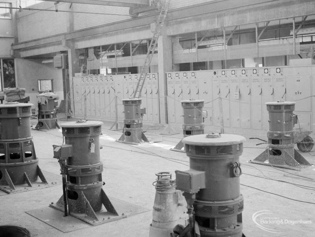 Riverside Sewage Works Extension XIII, showing control hall interior with pumps and switching gear [see also EES11446], 1966