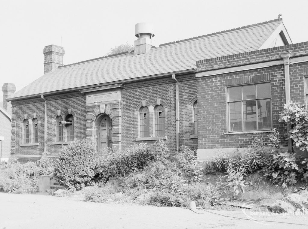 Riverside Sewage Works Extension XIII, showing old Dagenham Urban District Council building, with brick and stone doorway and garden, 1966