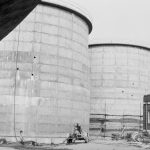 Riverside Sewage Works Extension XIII, showing two completed circular digesters, 1966