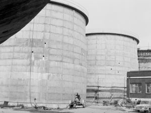 Riverside Sewage Works Extension XIII, showing two completed circular digesters, 1966