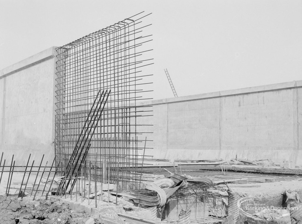 Riverside Sewage Works Extension XIII, showing partly clad reinforced walls of storm tanks, 1966