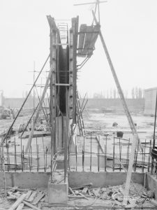 Riverside Sewage Works Extension XIII, showing end-on view of construction of storm tank wall, 1966