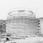 Riverside Sewage Works Extension XIII, showing two-thirds finished digester with steel cage, 1966