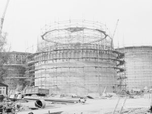 Riverside Sewage Works Extension XIII, showing two-thirds finished digester with steel cage, 1966