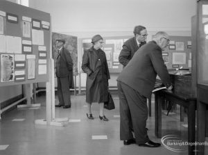 Barking Abbey 1300th anniversary exhibition at Barking Central Library, with Mr J Howson (third from left) and Mr S A Jewers, formerly the Town Clerk of the Borough of Barking (nearest camera), 1966