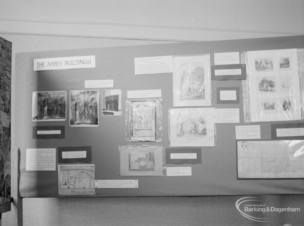 Barking Abbey 1300th anniversary exhibition at Barking Central Library, showing display related to the Abbey buildings, 1966