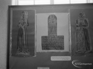 Barking Abbey 1300th anniversary exhibition at Barking Central Library, showing three Barking Abbey brass rubbings, 1966