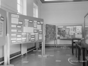 Barking Abbey 1300th anniversary exhibition at Barking Central Library, showing one corner of the exhibition with several display stands, 1966
