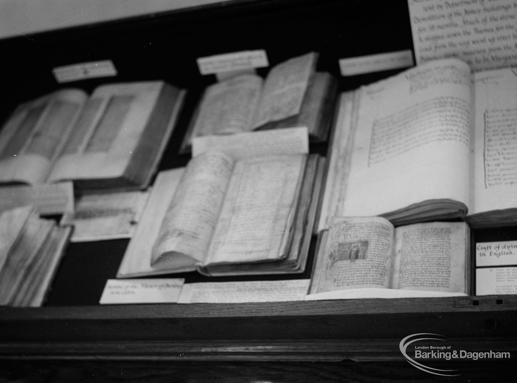 Barking Abbey 1300th anniversary exhibition at Barking Central Library, showing valuable old books and registers from the Abbey, 1966