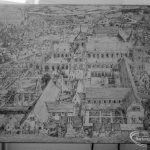Barking Abbey 1300th anniversary exhibition at Barking Central Library, showing drawing of a reconstruction by Sir Charles Nicholson of the site and surrounding area, 1966