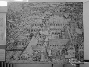 Barking Abbey 1300th anniversary exhibition at Barking Central Library, showing drawing of a reconstruction by Sir Charles Nicholson of the site and surrounding area, 1966