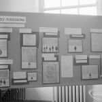 Barking Abbey 1300th anniversary exhibition at Barking Central Library, showing ‘Worldly Possessions’ stand with  deeds, wills, seals, et cetera, 1966