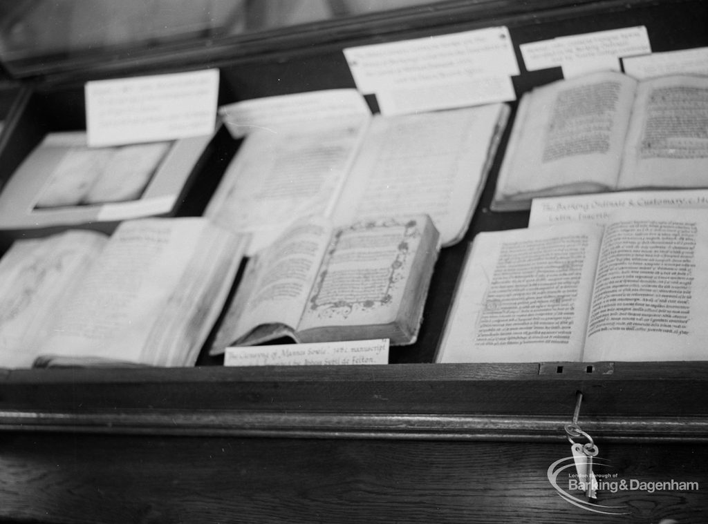 Barking Abbey 1300th anniversary exhibition at Barking Central Library, showing selection of manuscripts from Barking Abbey Library, et cetera, 1966