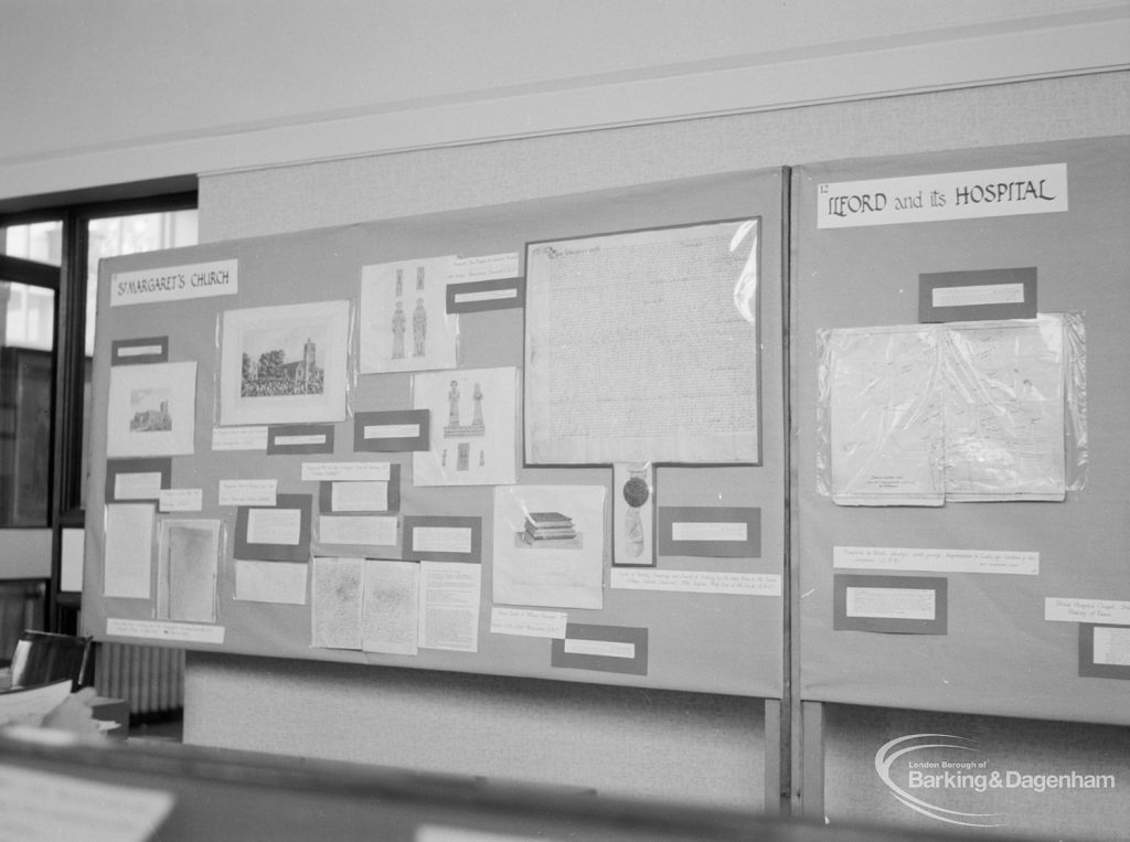 Barking Abbey 1300th anniversary exhibition at Barking Central Library, showing displays about charters, et cetera, relating to St Margaret’s Church, and about Ilford and its Hospital, 1966