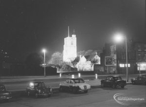 Barking Abbey 1300th anniversary, showing floodlighting of St Margaret’s Church, et cetera, viewed from steps of Assembly Hall, 1966