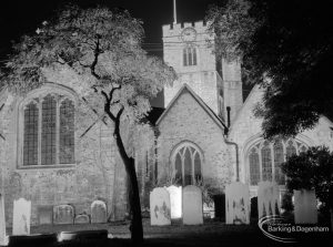 Barking Abbey 1300th anniversary, showing floodlighting of St Margaret’s Church, et cetera, viewed from edge of Churchyard and taken from east, 1966