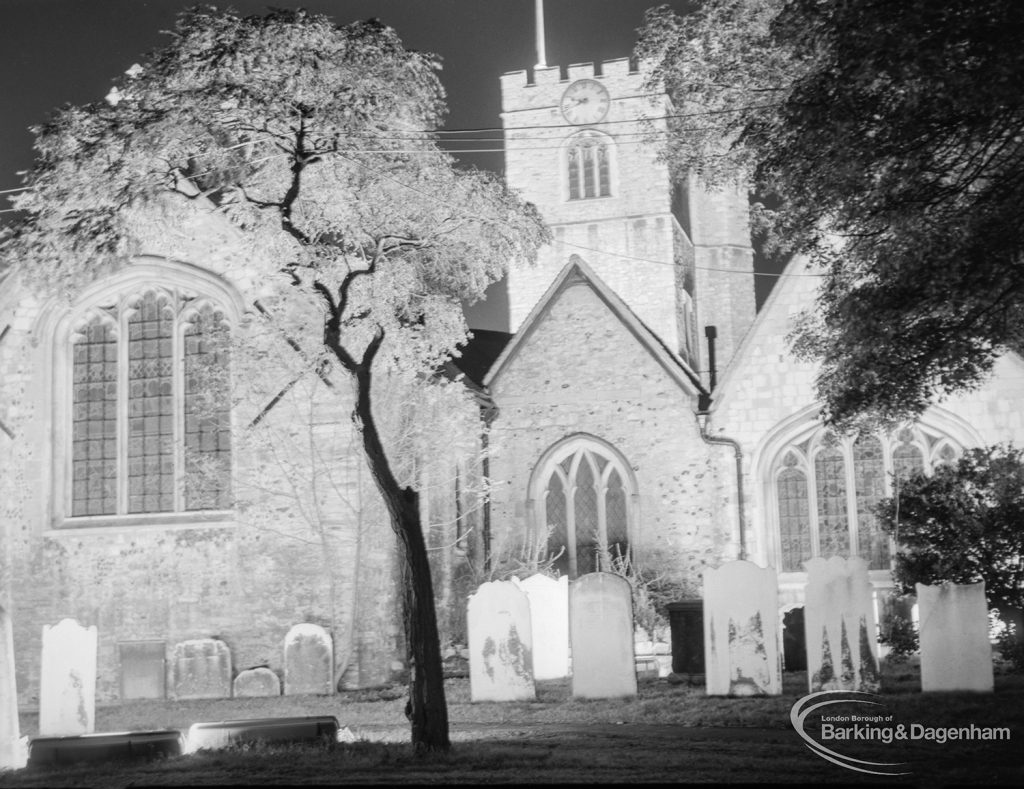 Barking Abbey 1300th anniversary, showing floodlighting of St Margaret’s Church and Churchyard graves, 1966