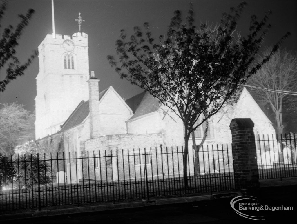 Barking Abbey 1300th anniversary, showing floodlighting of St Margaret’s Church and Churchyard graves, 1966