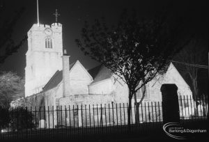 Barking Abbey 1300th anniversary, showing floodlighting of St Margaret’s Church and Churchyard graves, 1966