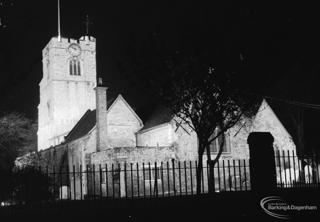 Barking Abbey 1300th anniversary, showing floodlighting of St Margaret’s Church and Churchyard graves, 1966