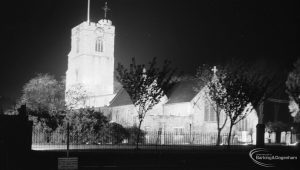 Barking Abbey 1300th anniversary, showing floodlighting of St Margaret’s Church and Churchyard graves, 1966