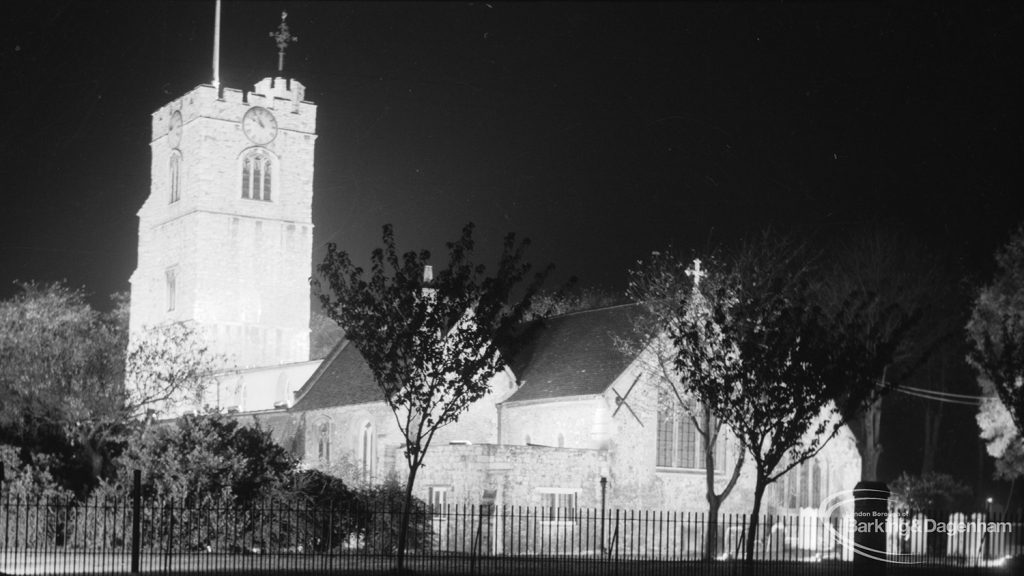 Barking Abbey 1300th anniversary, showing floodlighting of St Margaret’s Church and Churchyard graves, 1966