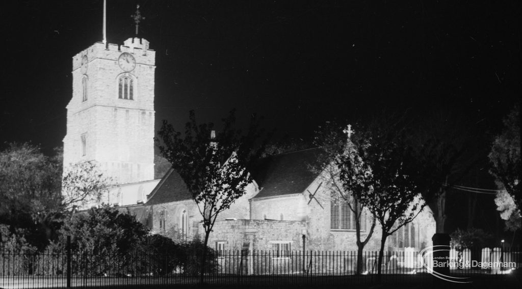 Barking Abbey 1300th anniversary, showing floodlighting of St Margaret’s Church and Churchyard graves, 1966