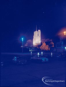 Barking Abbey 1300th anniversary, showing floodlighting of St Margaret’s Church, 1966