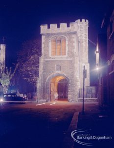 Barking Abbey 1300th anniversary, showing floodlighting of the Curfew Tower, 1966