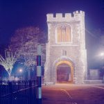 Barking Abbey 1300th anniversary, showing floodlighting of the Curfew Tower, 1966