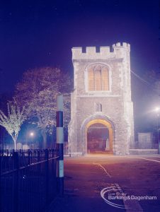 Barking Abbey 1300th anniversary, showing floodlighting of the Curfew Tower, 1966