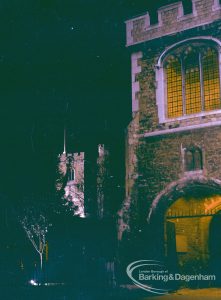 Barking Abbey 1300th anniversary, showing floodlighting of the Curfew Tower and St Margaret’s Church, 1966