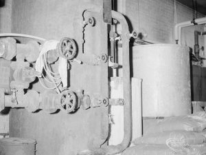 Heating, showing cylinder (right) and two valves on wall (left) at Heath Park substation, 1966