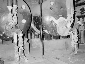 Heating, showing end view of two large boilers with discolouration at Heath Park substation, 1966