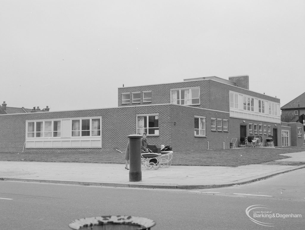 Health, showing exterior view of rebuilt Ashton Road Clinic, Chadwell Heath, taken from High Road, 1966