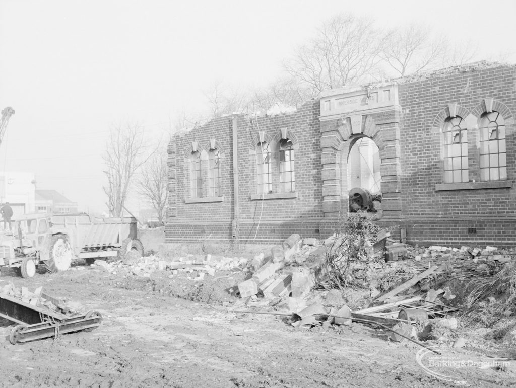 Riverside Sewage Works Reconstruction XIV, showing the half-demolished road, 1966