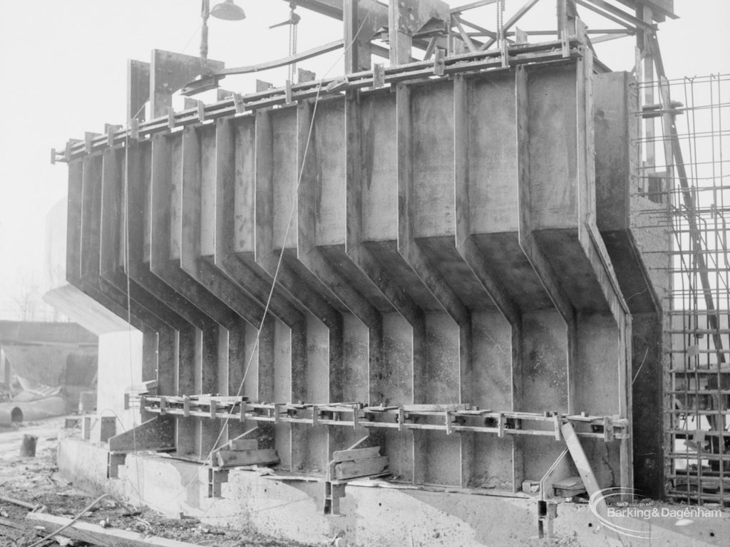 Riverside Sewage Works Reconstruction XIV, showing powerful steel cladding to contain large circular digester, 1966