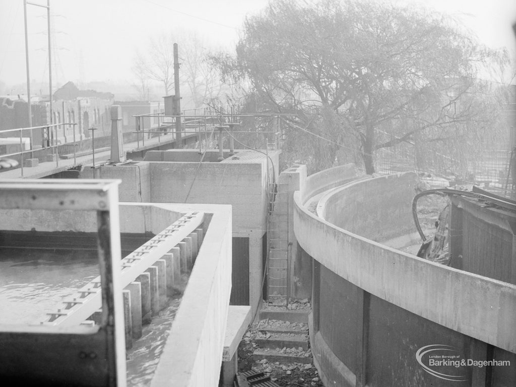 Riverside Sewage Works Reconstruction XIV, showing elevated sludge conduits impinging on digester, 1966